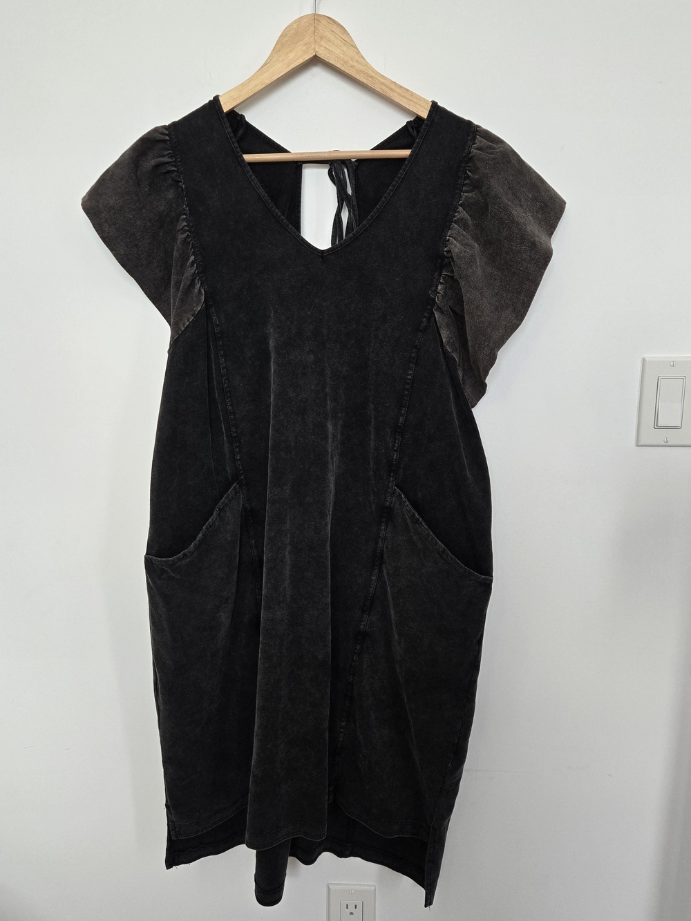 Washed Black V-Neck Midi Dress with Puff Sleeves